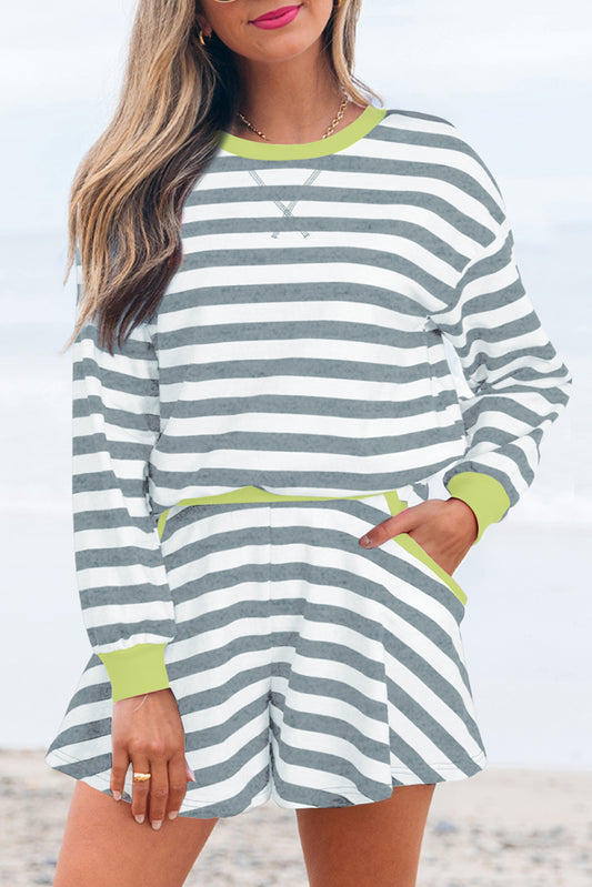 Women's Stripe Long Sleeve Top and Shorts Set