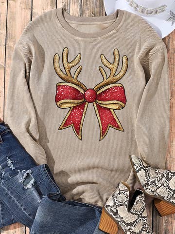 Christmas Reindeer Bow Graphic Corded Knit Sweatshirt
