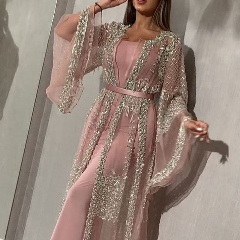 Sequin Evening Gown with Cape Sleeve