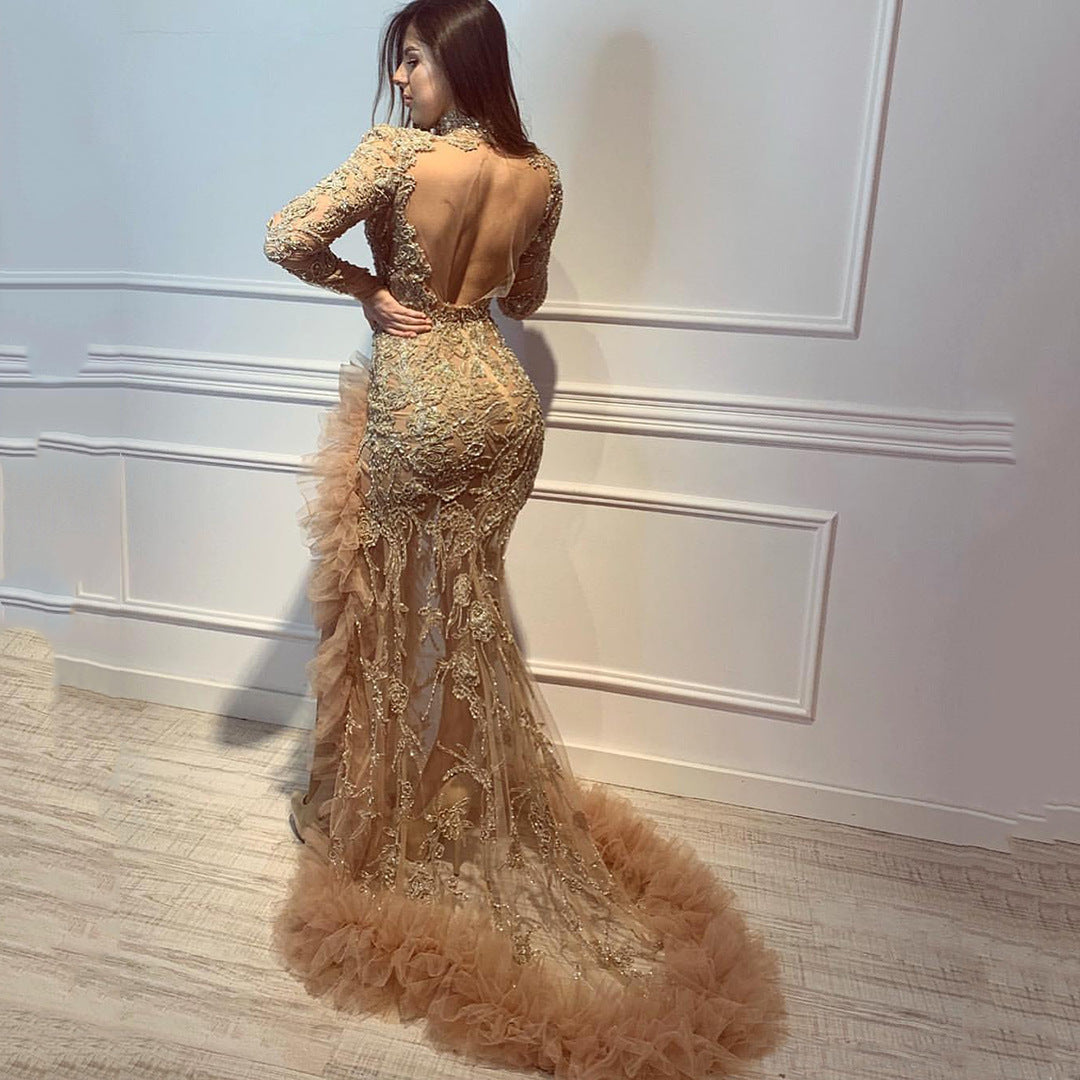 Gold Lace Mermaid Evening Gown Long Sleeve High Slit Maxi