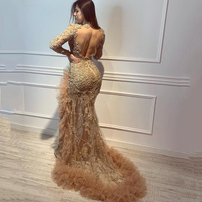 Gold Lace Mermaid Evening Gown Long Sleeve High Slit Maxi