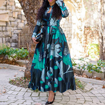 Elegant Floral Satin Maxi Dress Long Sleeve Plus Size