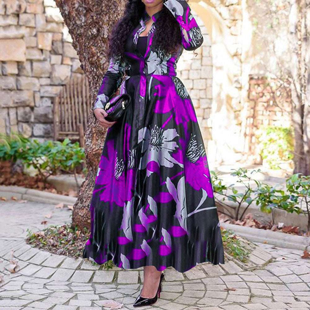 Elegant Floral Satin Maxi Dress Long Sleeve Plus Size