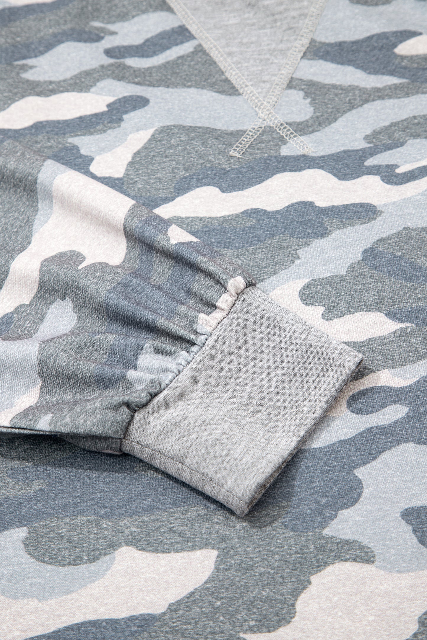 Grey Camouflage Long Sleeve Crew Neck Casual Pullover Top