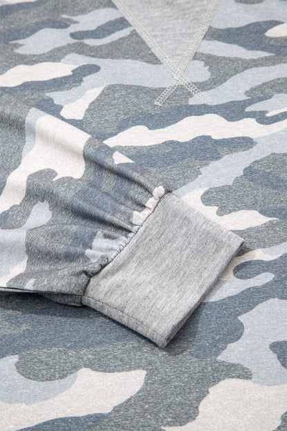 Grey Camouflage Long Sleeve Crew Neck Casual Pullover Top