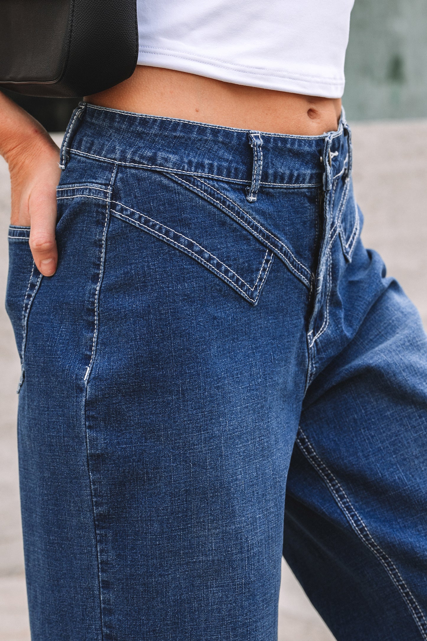 Sail Blue Stitched High Waist Loose Cuffed Jeans