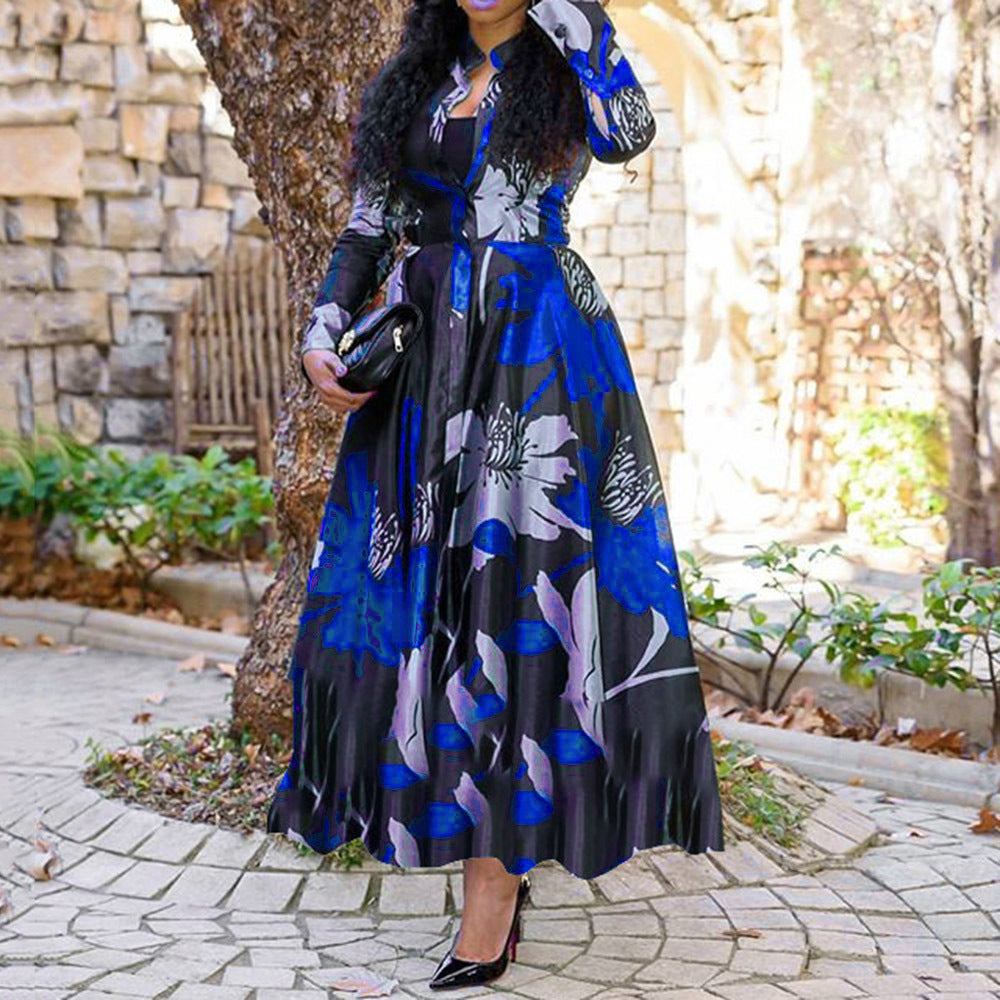 Elegant Floral Satin Maxi Dress Long Sleeve Plus Size