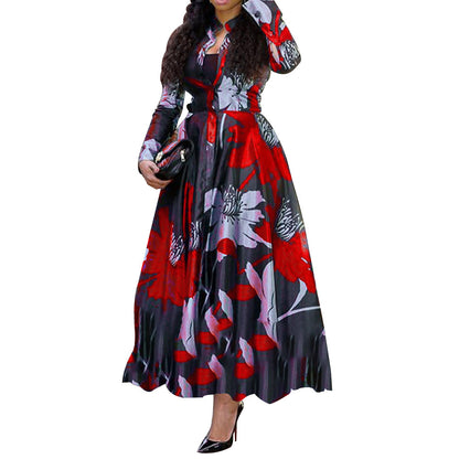 Elegant Floral Satin Maxi Dress Long Sleeve Plus Size