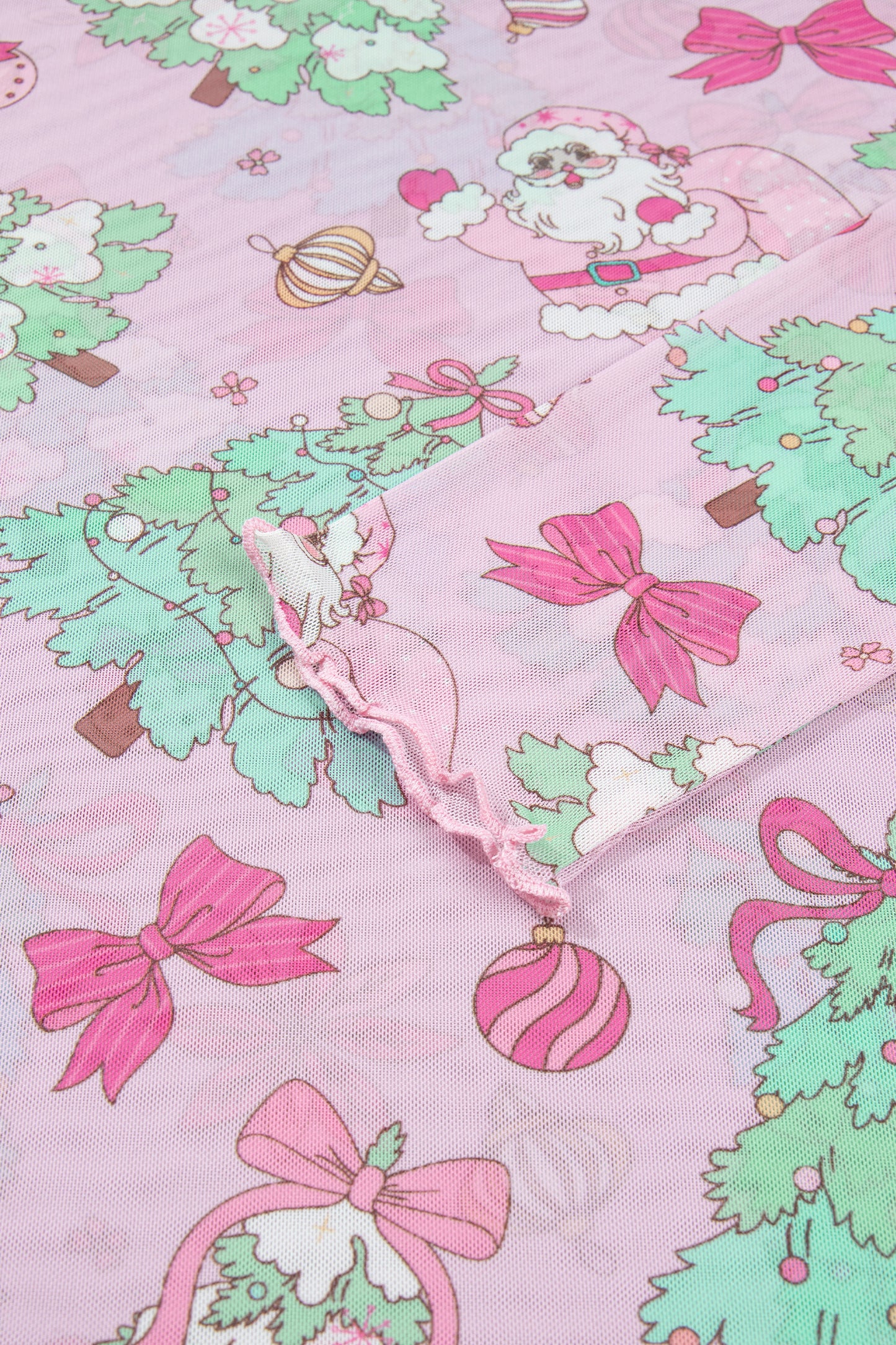 Pink Christmas Print Mock Neck Mesh Long Sleeve Top