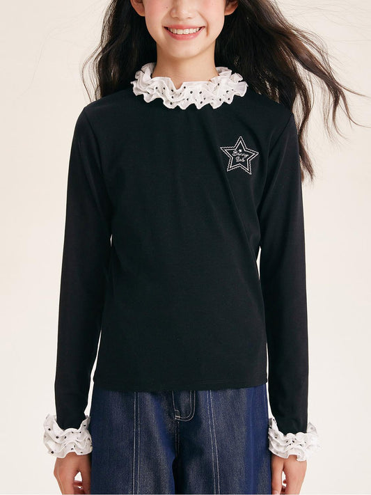 Girls Ruffle Collar Long Sleeve Cotton Blend Top