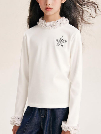 Girls Ruffle Collar Long Sleeve Cotton Blend Top