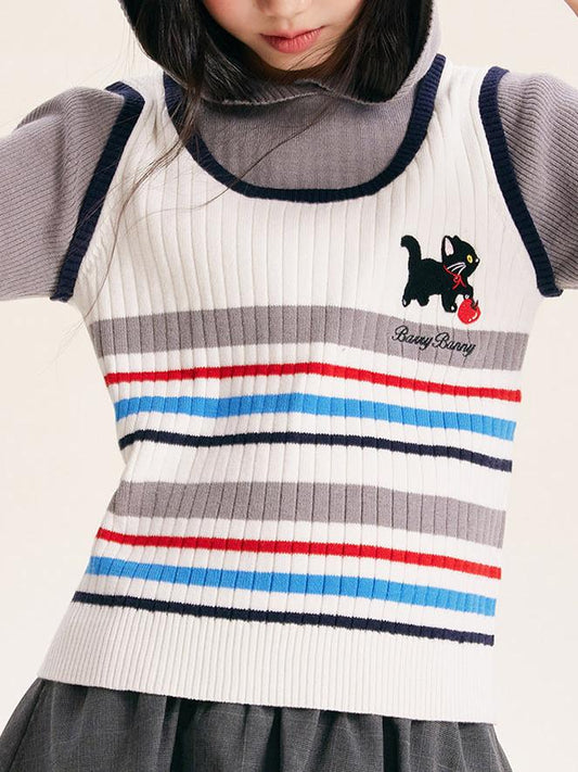 Girls Striped Knit Vest Faux Two-Piece Hoodie Top