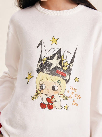 Girls Cartoon Print Color Block Long Sleeve Sweater