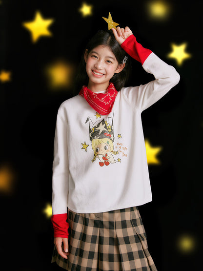 Girls Cartoon Print Color Block Long Sleeve Sweater