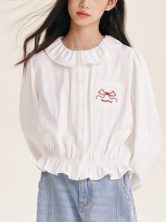 Girls' Cute Ruffle Collar Blouse with Embroidered Bow Detail