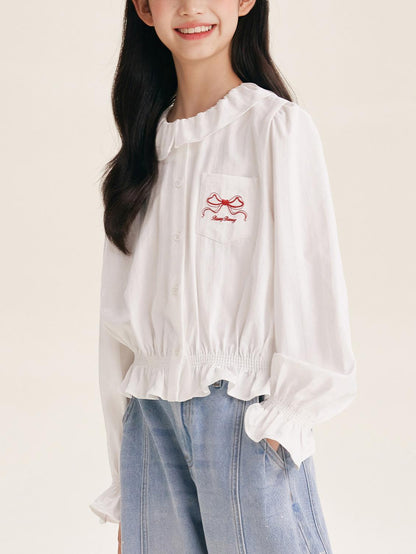 Girls' Cute Ruffle Collar Blouse with Embroidered Bow Detail