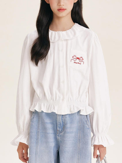 Girls' Cute Ruffle Collar Blouse with Embroidered Bow Detail