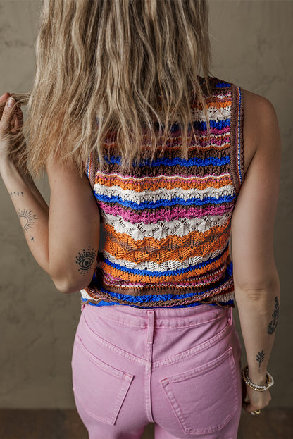Boho Striped Crochet Knit Tank Sleeveless Sweater