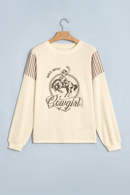 Women's Western Cowgirl Graphic Striped Sleeve Sweatshirt