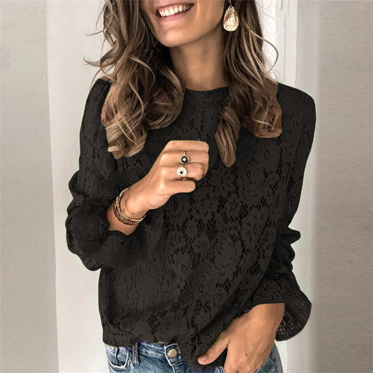 Women's Crochet Lace Bell Sleeve Blouse Loose Fit