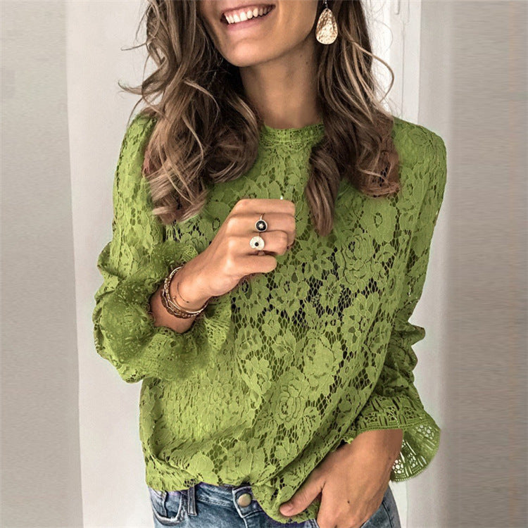 Women's Crochet Lace Bell Sleeve Blouse Loose Fit