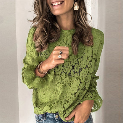 Women's Crochet Lace Bell Sleeve Blouse Loose Fit
