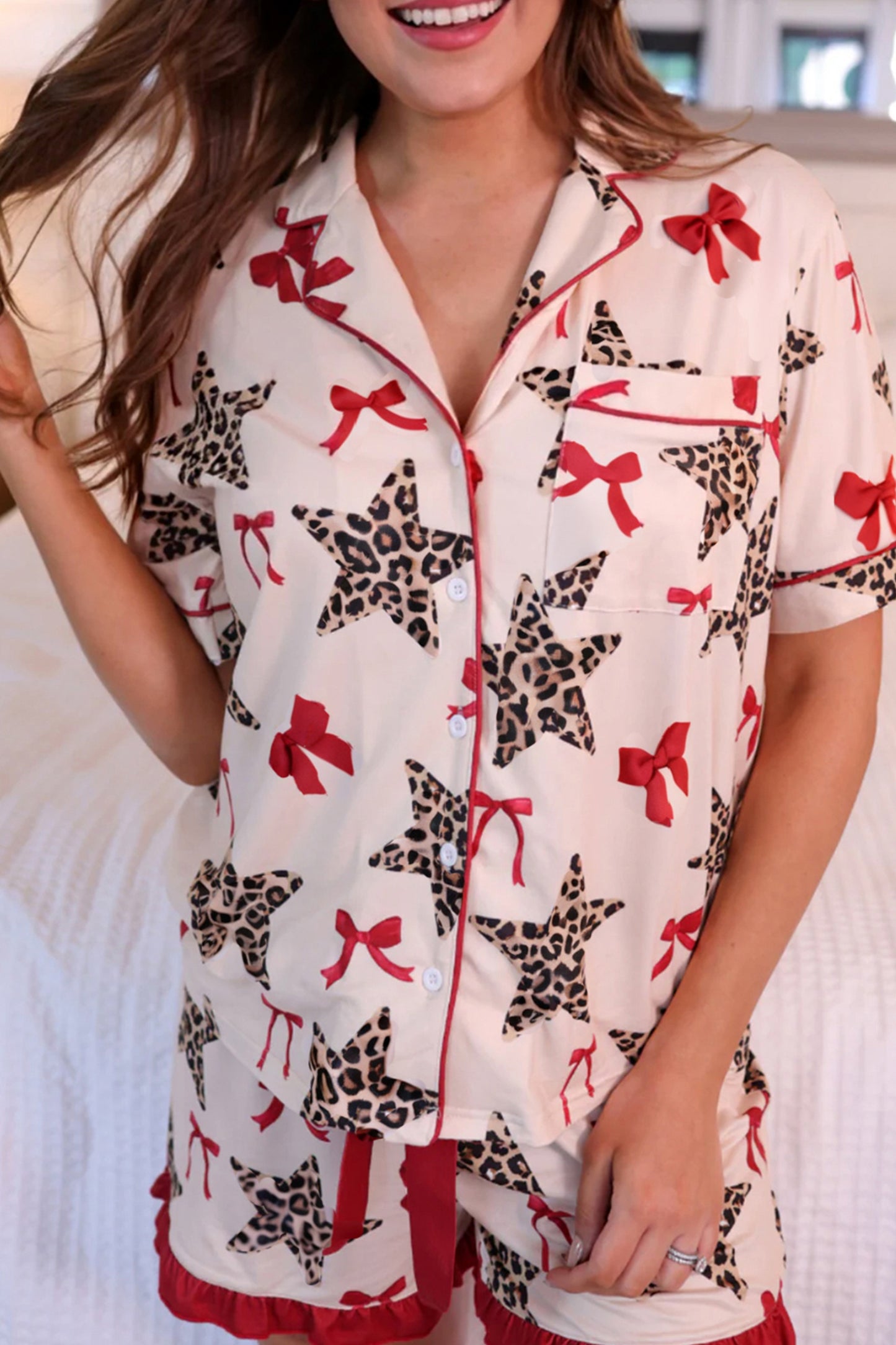 Valentine Leopard Star Ribbon Print Contrast Trim Pajama Set