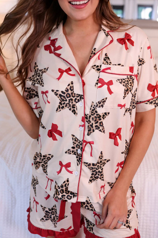 Valentine Leopard Star Ribbon Print Contrast Trim Pajama Set
