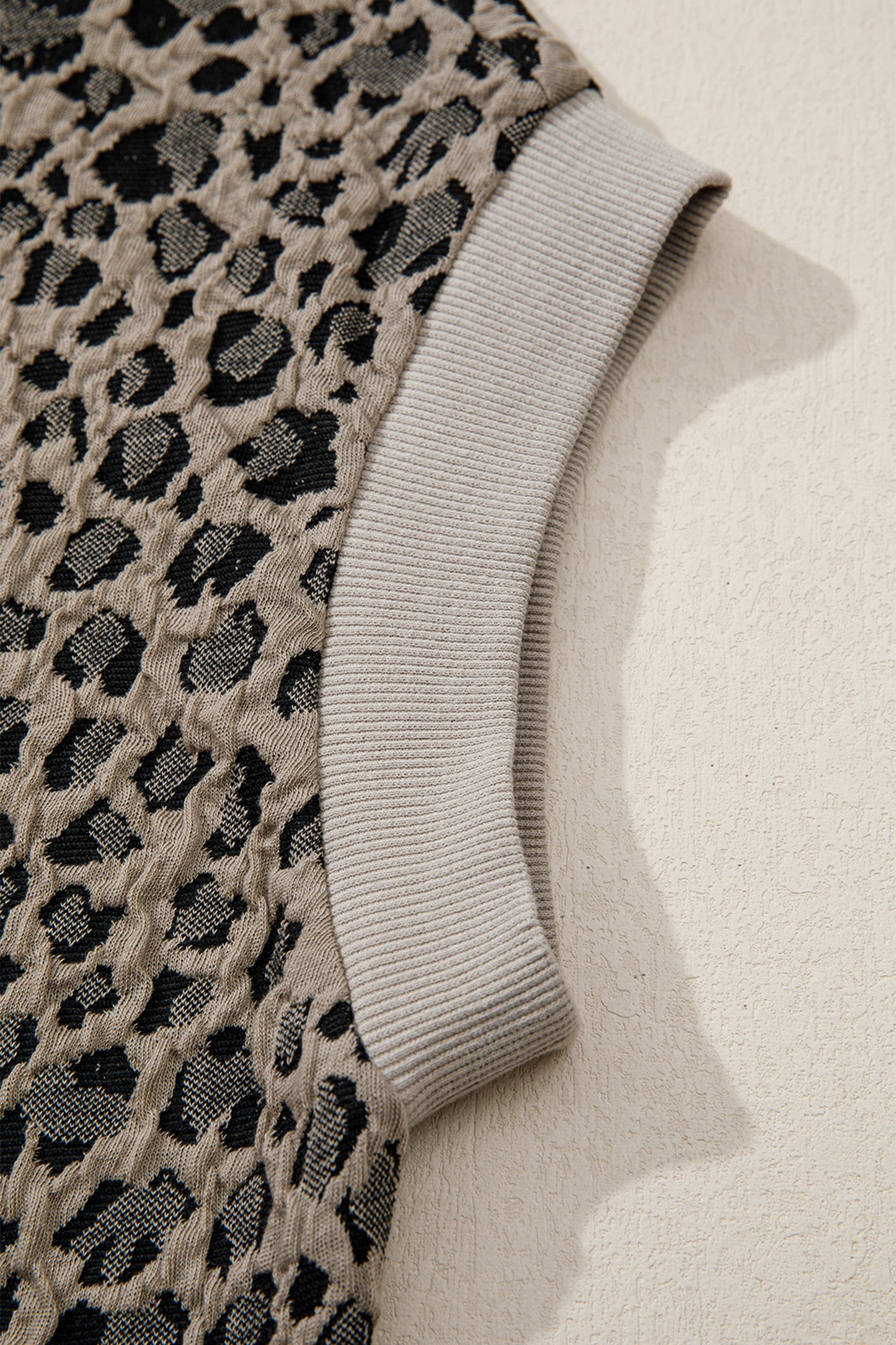 Leopard Textured Zip Polo Top Cap Sleeve Casual Knit