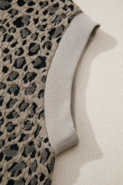 Leopard Textured Zip Polo Top Cap Sleeve Casual Knit