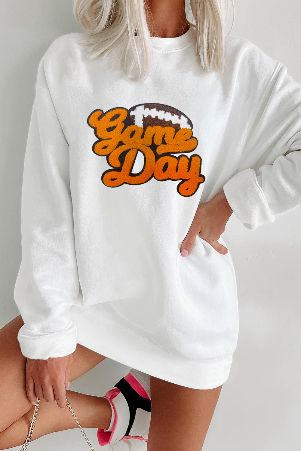 White Chenille Game Day Football Pullover Sweatshirt Women