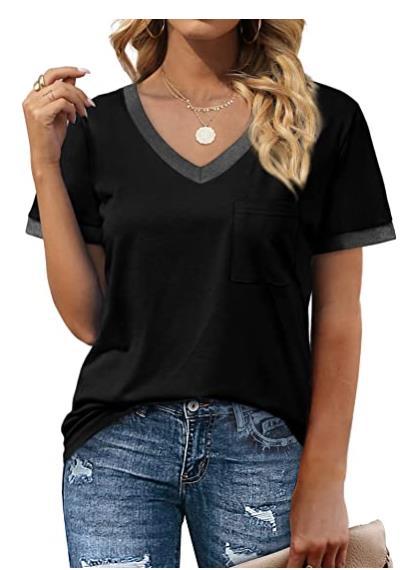 T Shirt Short Sleeve V Neck Loose Casual Top with Pocket Plus Size