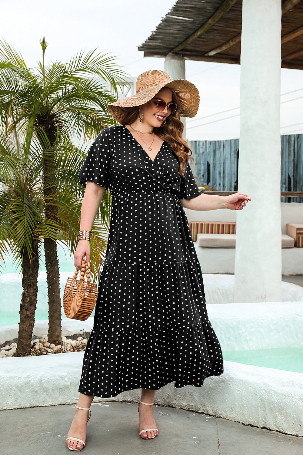 Women's Plus Size Polka Dot Dress Casual V Neck Short Sleeve Dress A-Line Pleated Hem Swing Dress