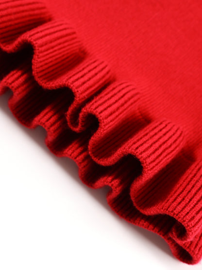 Cute Embroidered Red Knit Vest Cardigan for Kids – Adorable Ruffle Hem