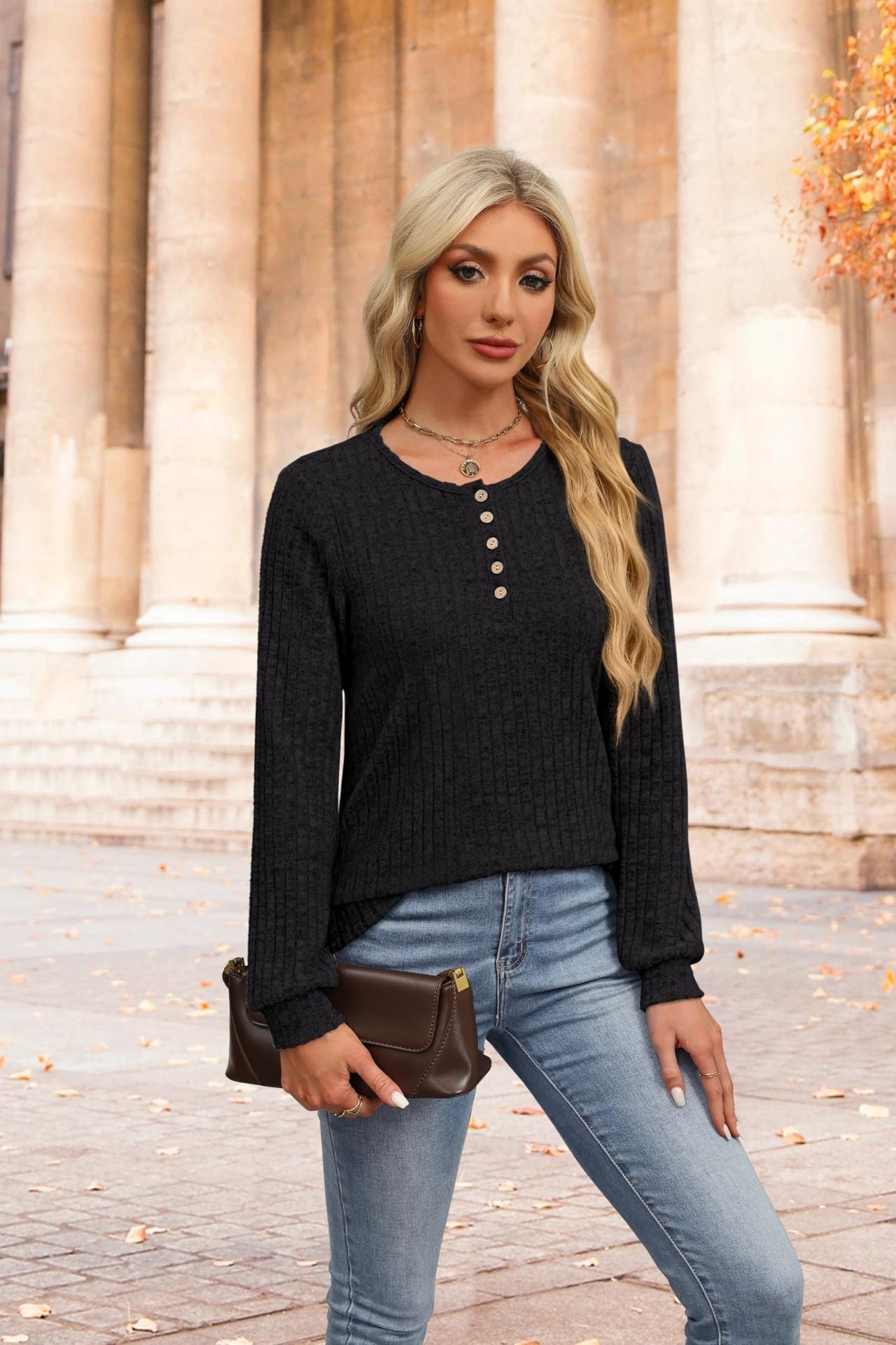 Ribbed V-Neck Button Knit Long Sleeve Pullover