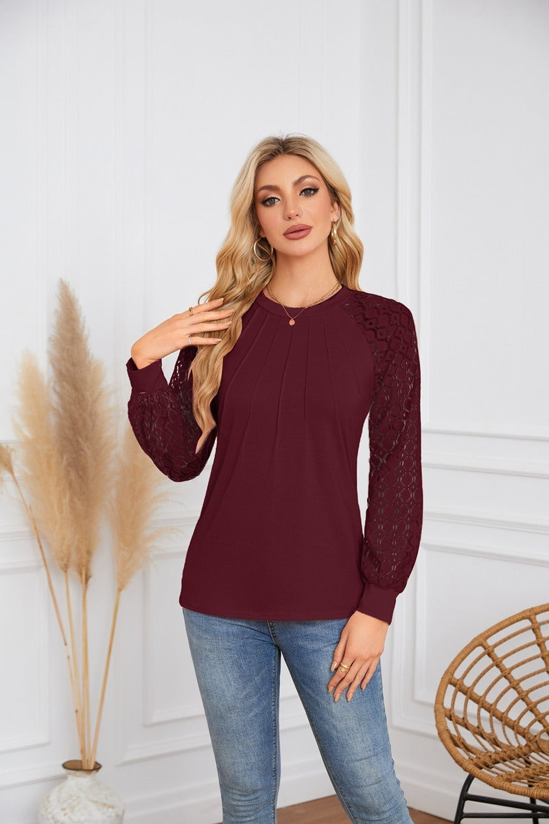 Lace Sleeve Pleated Blouse - Round Neck Long Sleeve Top