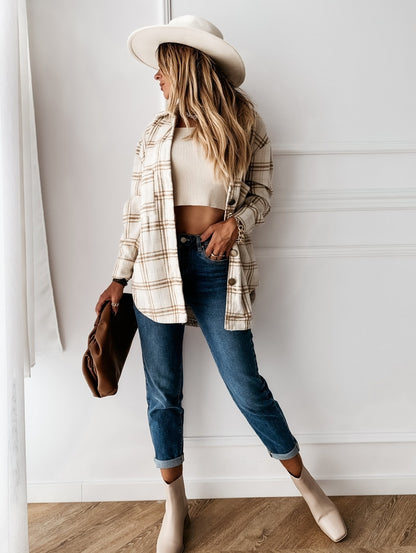 Beige Plaid Oversized Shacket Wool Blend Button Down Jacket