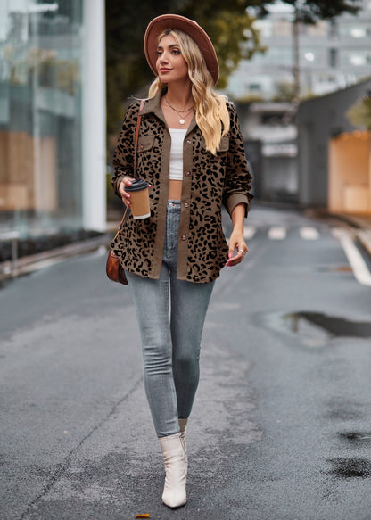 Leopard Print Corduroy Button Down Oversized Shirt Jacket