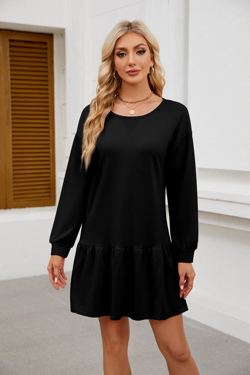 Long Sleeve Sweatshirt Dress - Casual Crewneck Pullover