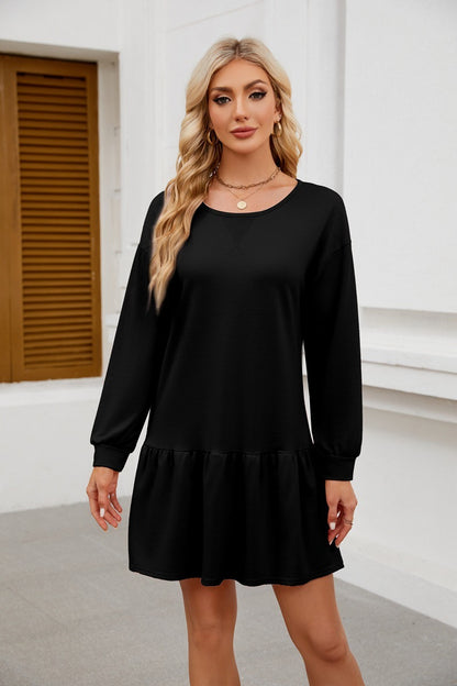 Long Sleeve Sweatshirt Dress - Casual Crewneck Pullover