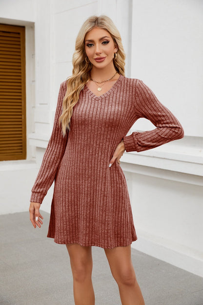 V Neck Ribbed Knit Dress - Brushed Long Sleeve Mini