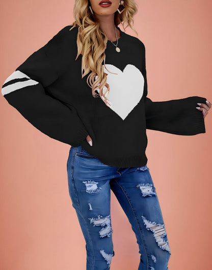 Pink Heart Contrast Knit Sweater Womens Valentine Pullover