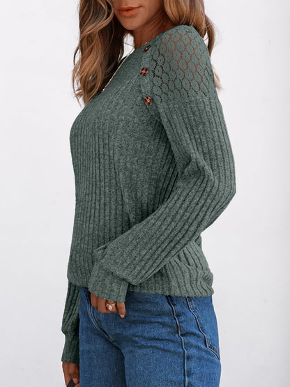 Solid Ribbed Knit Button Pullover with Lace & Buttons