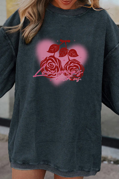 Valentine Rose Heart Corduroy Ribbed Oversized Sweatshirt