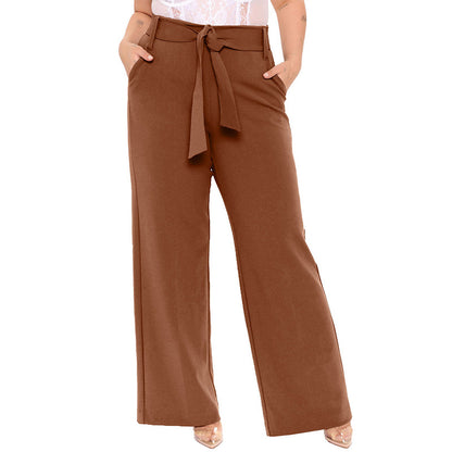 Belted Wide Leg Pants Women's Solid Color Plus Size Loose Casual Leisure Wind Pants