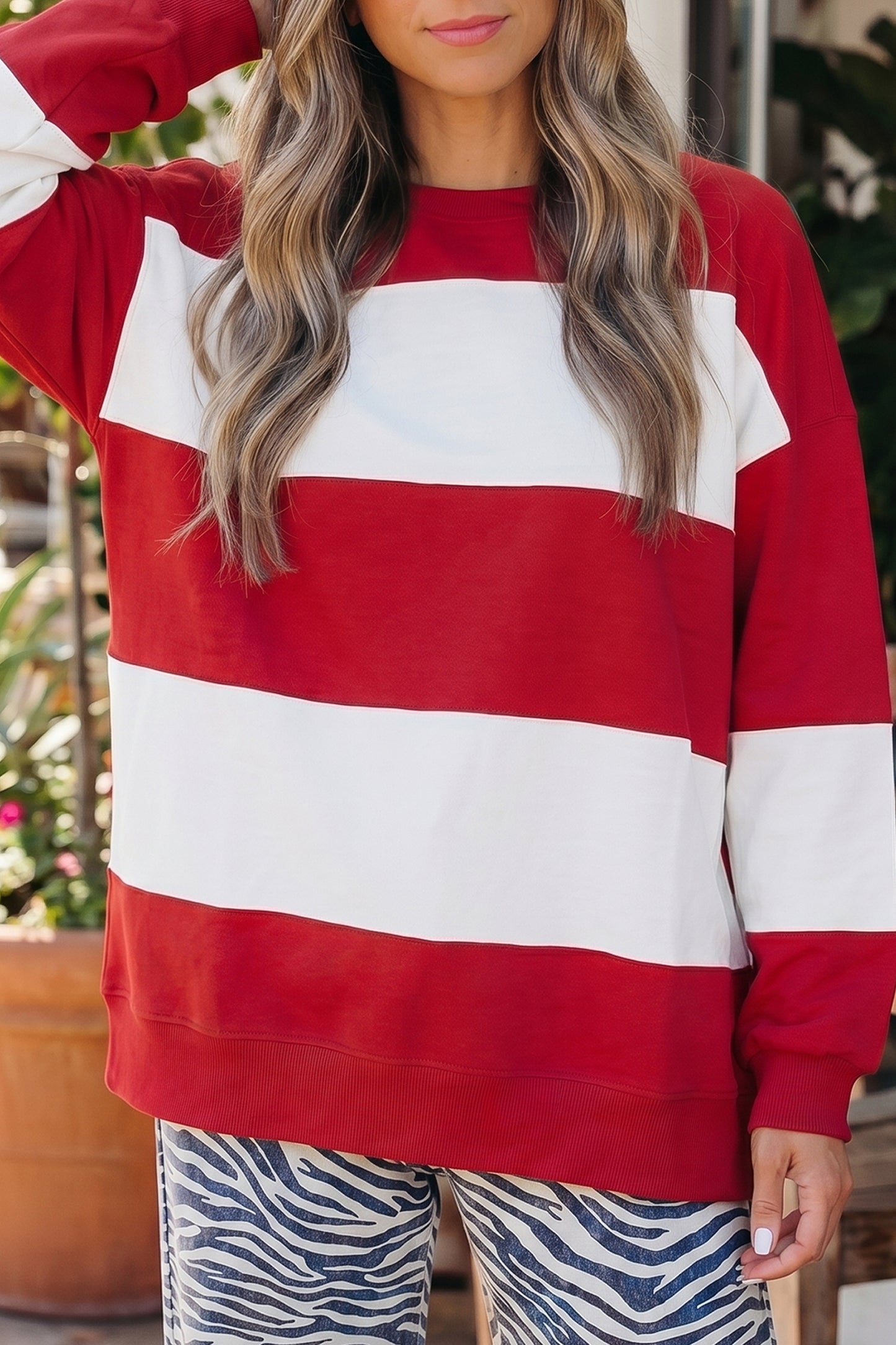 Red Color Block Oversized Sweatshirt Drop Shoulder Pullover