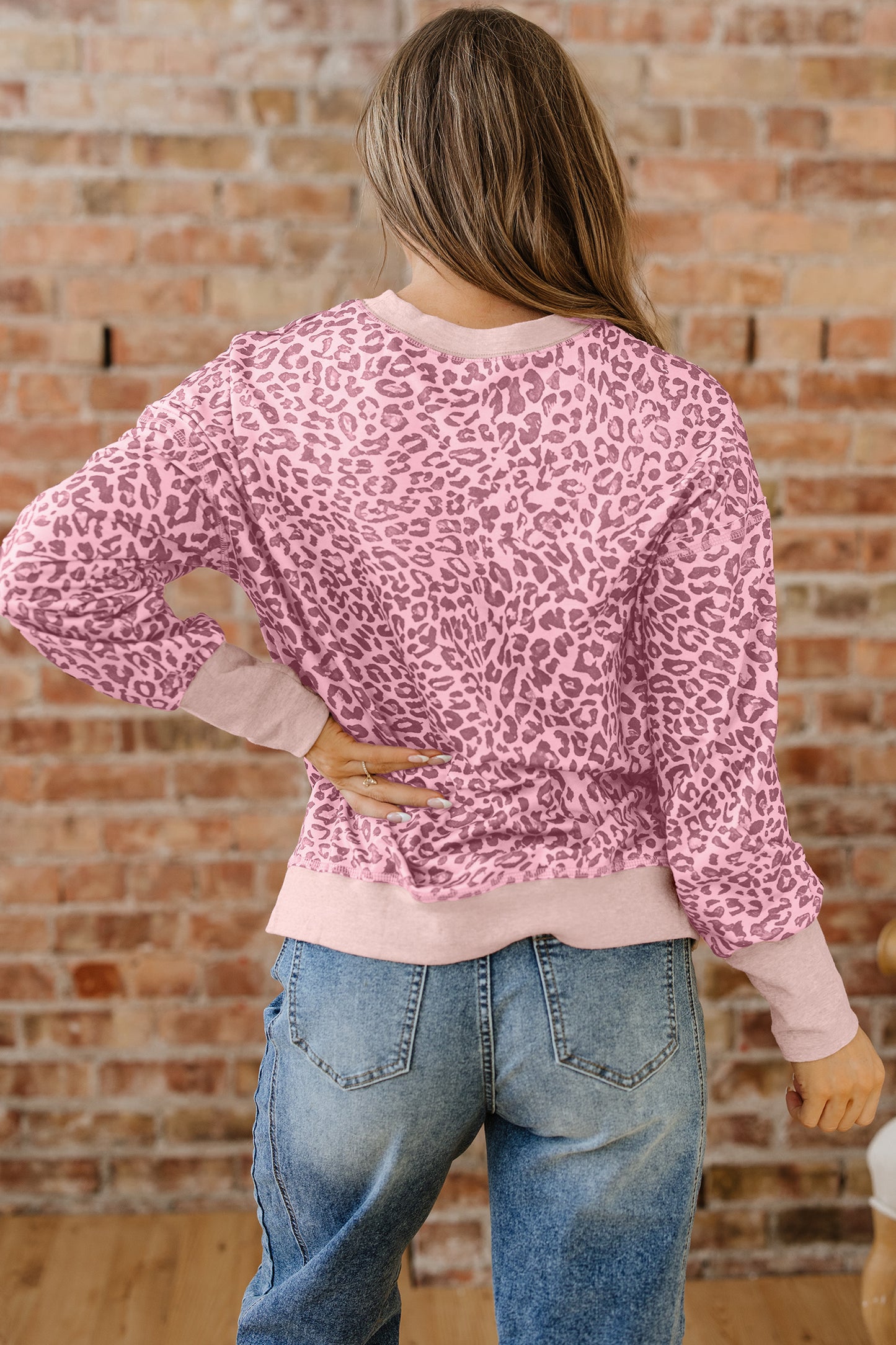 Leopard Print Long Sleeve Crew Neck Casual Sweatshirt