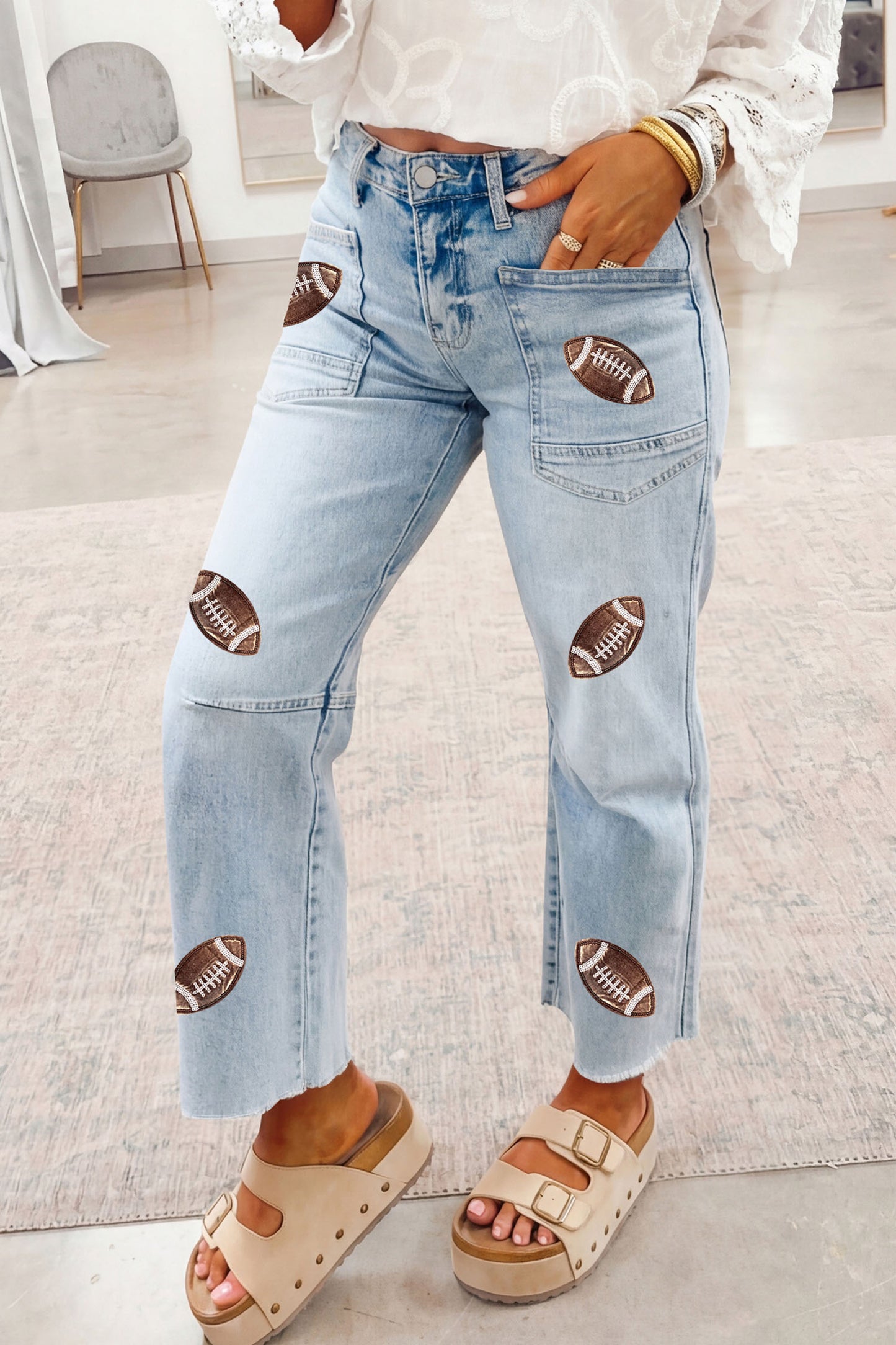 Game Day Sequin Football Patch Wide Leg Raw Hem Jeans