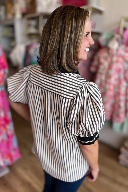 Khaki Striped Split Neck Puff Sleeve Blouse Top