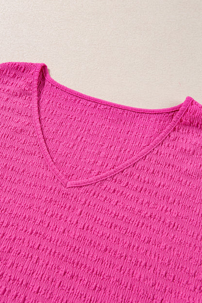 Bright Pink Plus Size Textured Folded Sleeve V Neck T Shirt